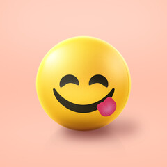 Tongue out hungry Emoji stress ball on shiny floor. 3D emoticon isolated.
