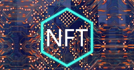 Image of nft text over computer circuit board over cityscape