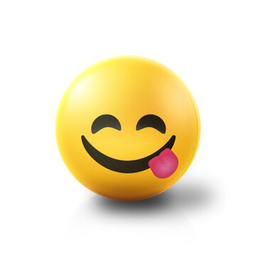 Tongue out hungry Emoji stress ball on shiny floor. 3D emoticon isolated.