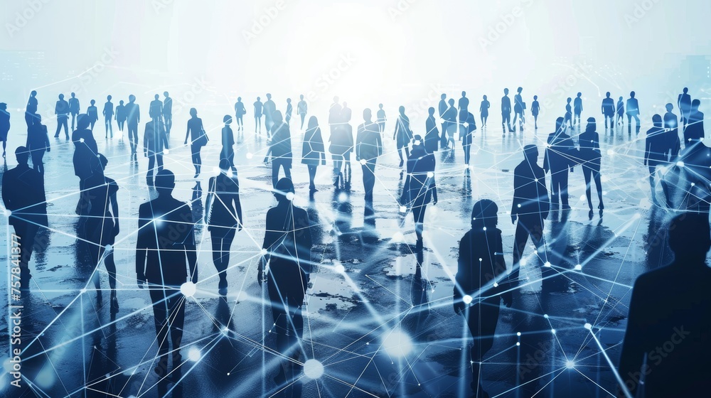 Poster concept of a group of people and their communication network. social media. human resources.