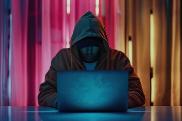 Hacker with laptop in room, stealing data - obrazy, fototapety, plakaty