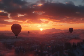 Hot air balloons at sunset in the sky
