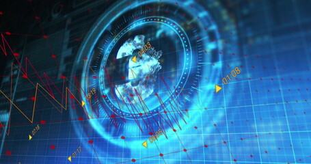Image of financial data processing over scope scanning with euro symbol on black background