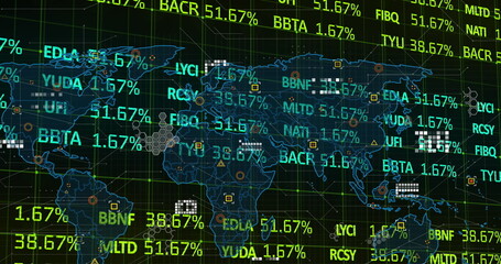 Image of financial data processing and world map on black background