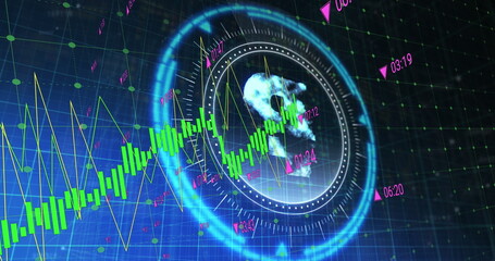 Image of financial data processing over scope scanning with pound symbol on black background