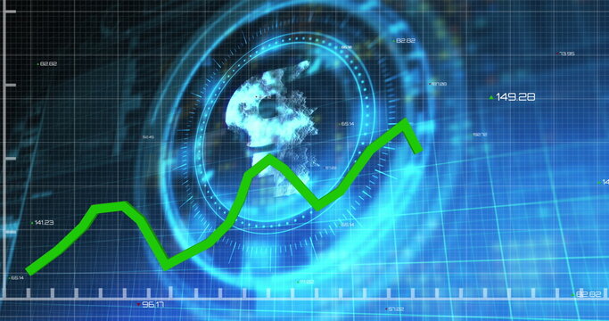Image of financial data processing over scope scanning with pound symbol on black background