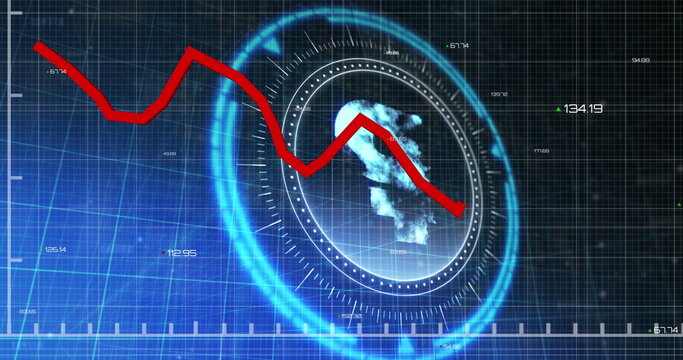 Image of financial data processing over scope scanning with pound symbol on black background
