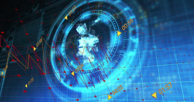 Image of financial data processing over scope scanning with yen symbol on black background