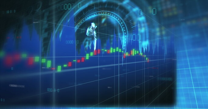 Image of financial data processing over scope scanning with euro symbol on black background