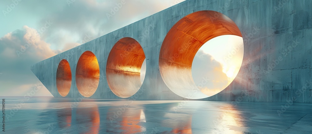 Fototapete 3D rendering of abstract futuristic architecture on an empty concrete floor...