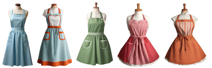 Set of stylish cooking aprons with front pocket for women isolated on transparent background. Generative AI