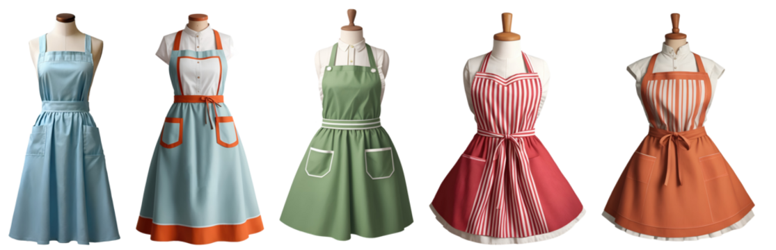 Set of stylish cooking aprons with front pocket for women isolated on transparent background. Generative AI