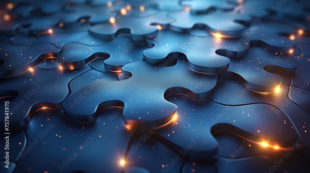 Poster An illustration of a puzzle background in a digital style. A pattern is formed by combining the silhouettes of puzzle pieces. Modern illustration on a blue background.