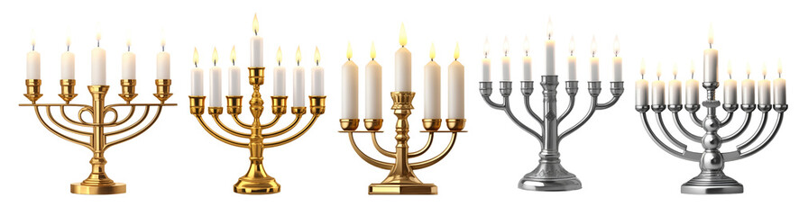 Set of traditional golden and silver menorah with candles collection isolated on transparent background. Generative AI