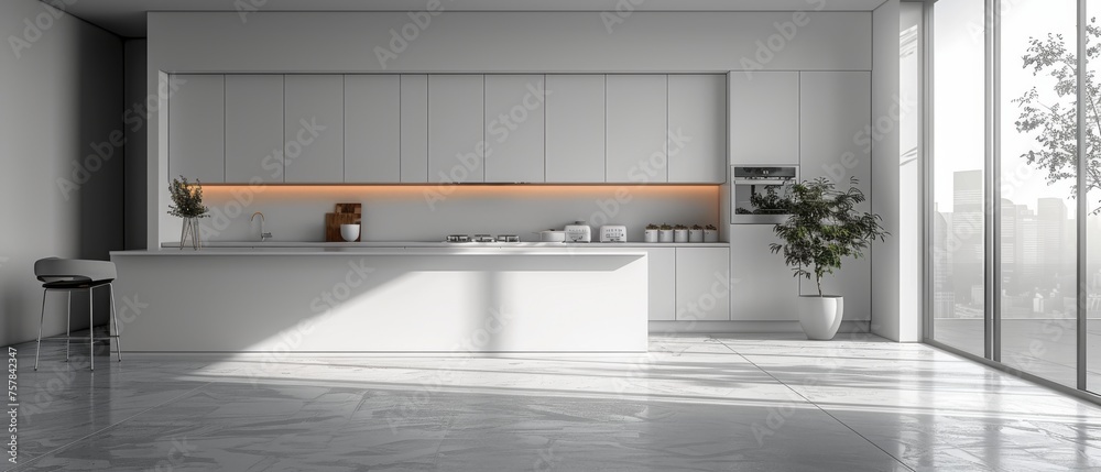 Poster this is a 3d rendering of a bright kitchen with an empty wall. it also features accessories for the 