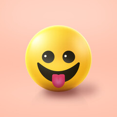 Tongue out happy Emoji stress ball on shiny floor. 3D emoticon isolated.