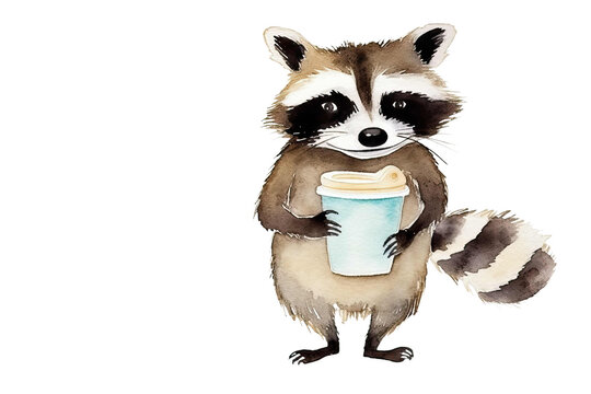 character mug isolated animal white slogan background coffee Racoon watercolor illustration stylish