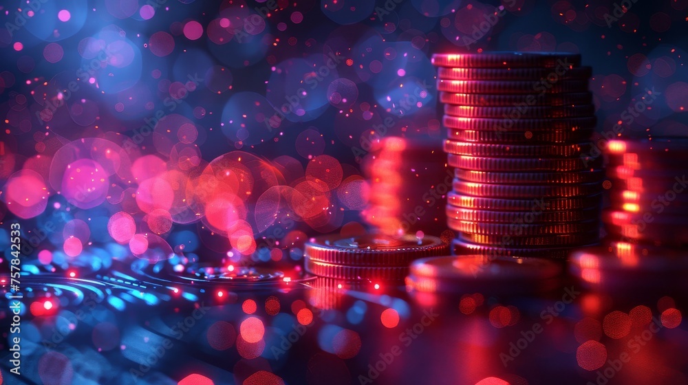 Leinwandbilder A stack of abstract coins falling with falling coins around them. Saving money concept. Low poly style design. Blue geometric background. Wireframe light connection structure. Modern 3D graphic.