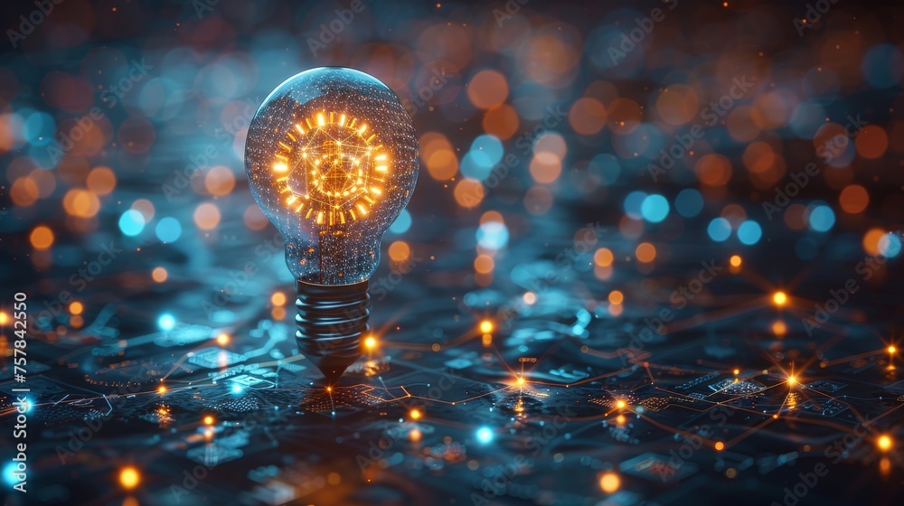 Leinwandbilder An abstract blue glowing light bulb with gears inside. A low poly design with abstract geometric background. Light connection structure with wireframes. 3D graphic illustration.