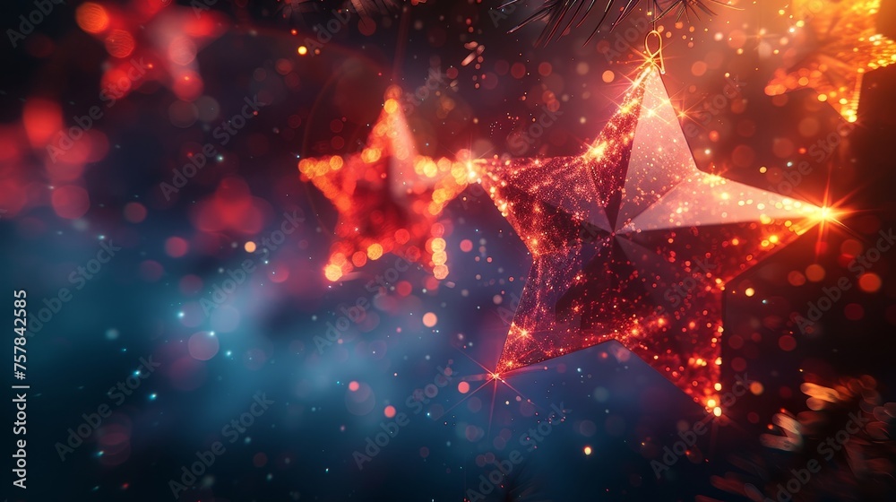 Poster happy new year greeting card with hanging christmas stars. abstract geometric background wireframe l