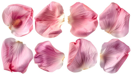 Elegant collection of soft pink flower petals isolated on a white background, perfect for decorations and feminine events. - obrazy, fototapety, plakaty
