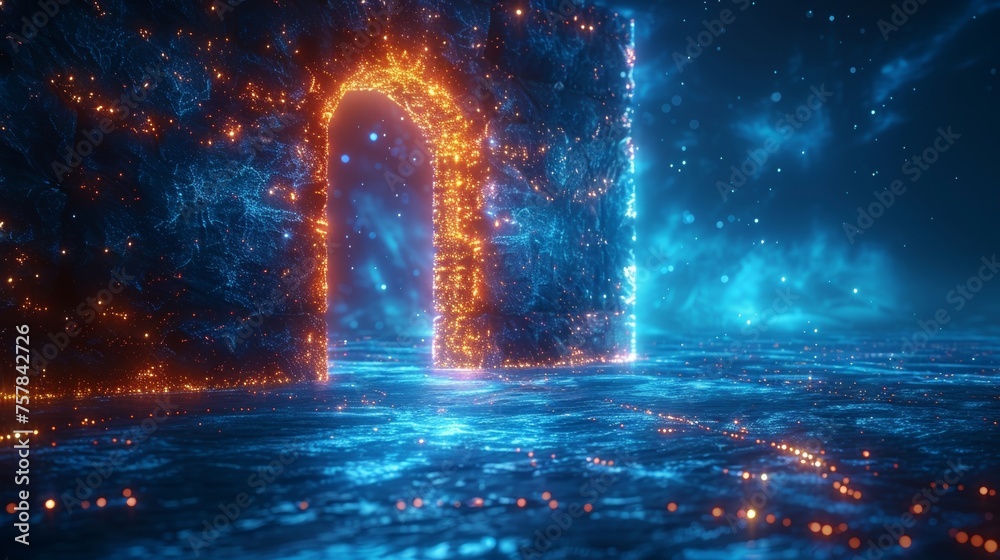 Poster an open door at the end of a digital path. the doorway is outlined with a polygonal wireframe glow. 