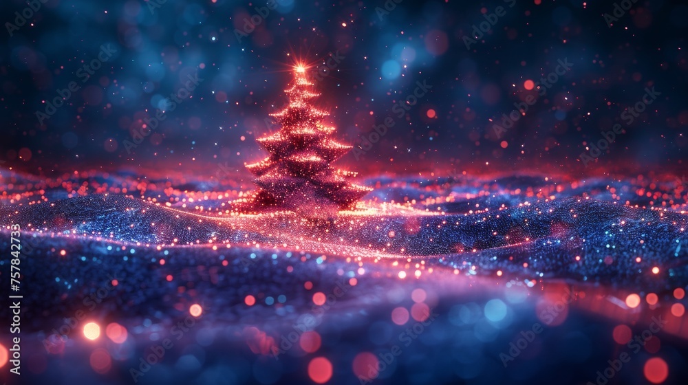 Poster The Christmas tree is presented in a futuristic style. The card contains abstract graphics for New Year greetings. A tree in the shape of a light effect has been presented to represent the concept of