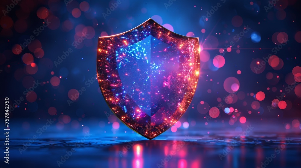 Poster Element or template for text isolated on a blue background. Modern illustration in a futuristic light style. Bubble shield in an abstract glowing style.