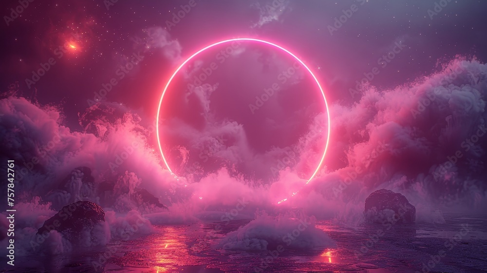 Poster circle in smoke concept for vr. luminous neon ring on violet background with star dust and fog. conc