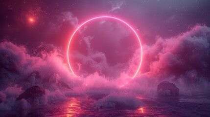 Circle in smoke concept for VR. Luminous neon ring on violet background with star dust and fog. Concept for futuristic cyber space.