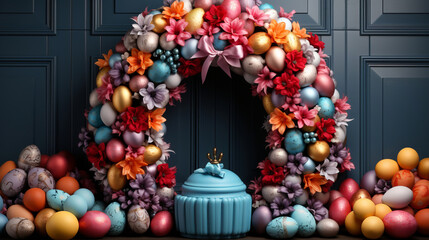 Easter greeting card design with colorful Easter wreath.