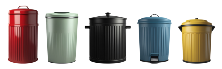 Set of various modern Indoor garbage bins in different colours isolated on transparent background. Generative AI
