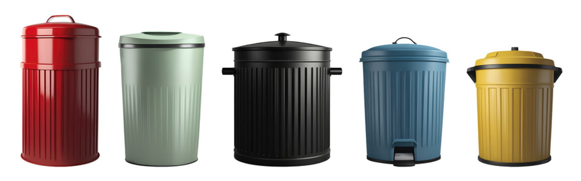 Set of various modern Indoor garbage bins in different colours isolated on transparent background. Generative AI