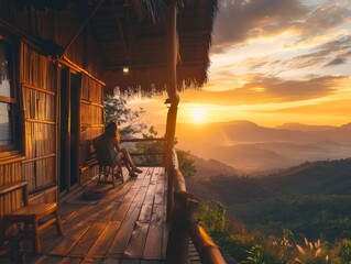 A woman sits on a porch overlooking a beautiful mountain range. The sun is setting, casting a warm glow over the scene. The woman is enjoying the peaceful view and the serenity of the moment - Powered by Adobe