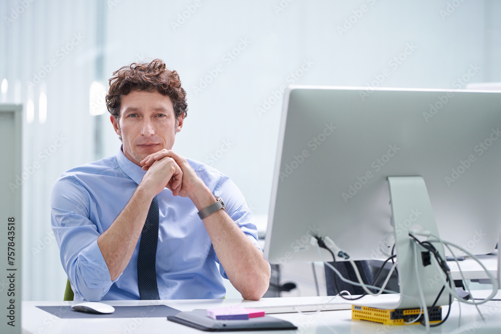 Poster business man, portrait and computer for project management in office, networking and check email. ma