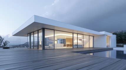 A large white house with a pool and a patio. The house is modern and has a lot of glass windows