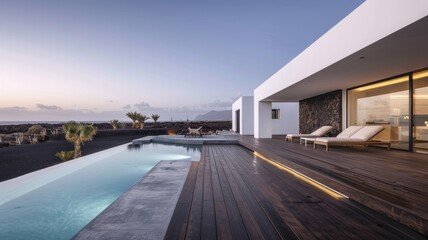 Fototapeta premium A large house with a pool and a deck. The pool is surrounded by a stone wall and the deck is made of wood. The house is located near the ocean and has a view of the water