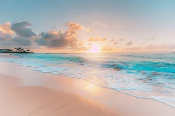 Papier Peint photo Coucher de soleil sur la plage A beautiful beach with a sunset in the background. The sky is filled with clouds and the sun is setting. The water is calm and the waves are small. The beach is empty and peaceful