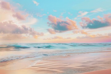 Fototapeta na wymiar A beautiful beach scene with a calm ocean and a few clouds in the sky. The sky is a mix of pink and blue, creating a serene and peaceful atmosphere