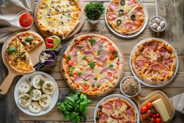 A table full of different types of pizza and other food items. Scene is inviting and appetizing
