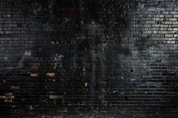 A black brick wall with graffiti on it. The wall is made of bricks and has a rough texture