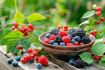 A bowl of berries, including raspberries and blackberries, is on a wooden table. The bowl is filled with a variety of berries, and the table is surrounded by green leaves