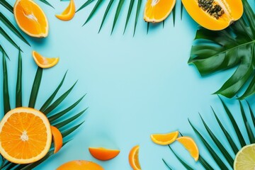 A blue background with a bunch of fruit including oranges and limes. The fruit is arranged in a circle with the oranges in the center and the limes on the left and right - Powered by Adobe