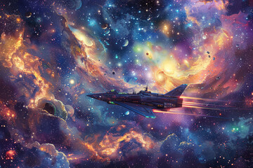 The spaceship flies in the colorful galaxy