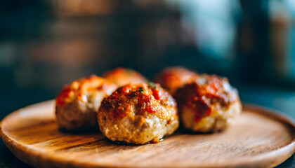 meatballs with wooden plate - obrazy, fototapety, plakaty