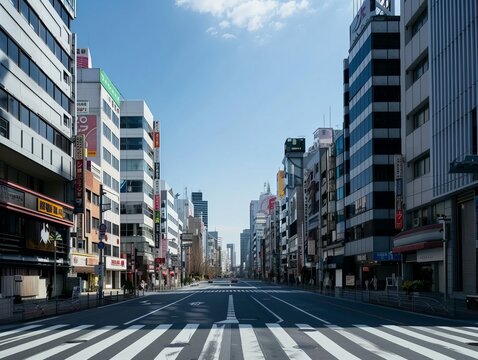 A city street with a large building in the background. The street is empty and has a lot of crosswalks