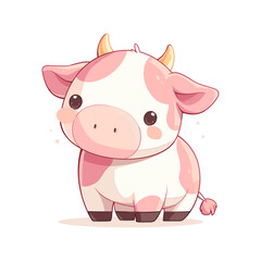 Funny Vector Illustration with cute pink cow. Abstract Print with Cow on a Pastel Pink Background.Sweet kawaii Art with Dairy Cow in love Smiling. Cool Milk.