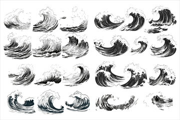 sea wave sketch water splash silhouette vector,  sea wave silhouette bundle, silhouette sea wave clipart,  