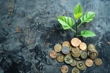 Small plant growing on the black stone surface and coins, economic and green business and financial growth concept by generative AI.