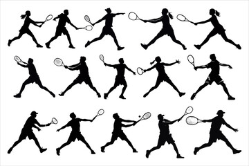 tennis player silhouette bundle with various poses,  tennis player silhouette, tennis silhouette vector,